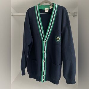 Vintage 90s GAP Dark Blue Cardigan with Green and White Accents